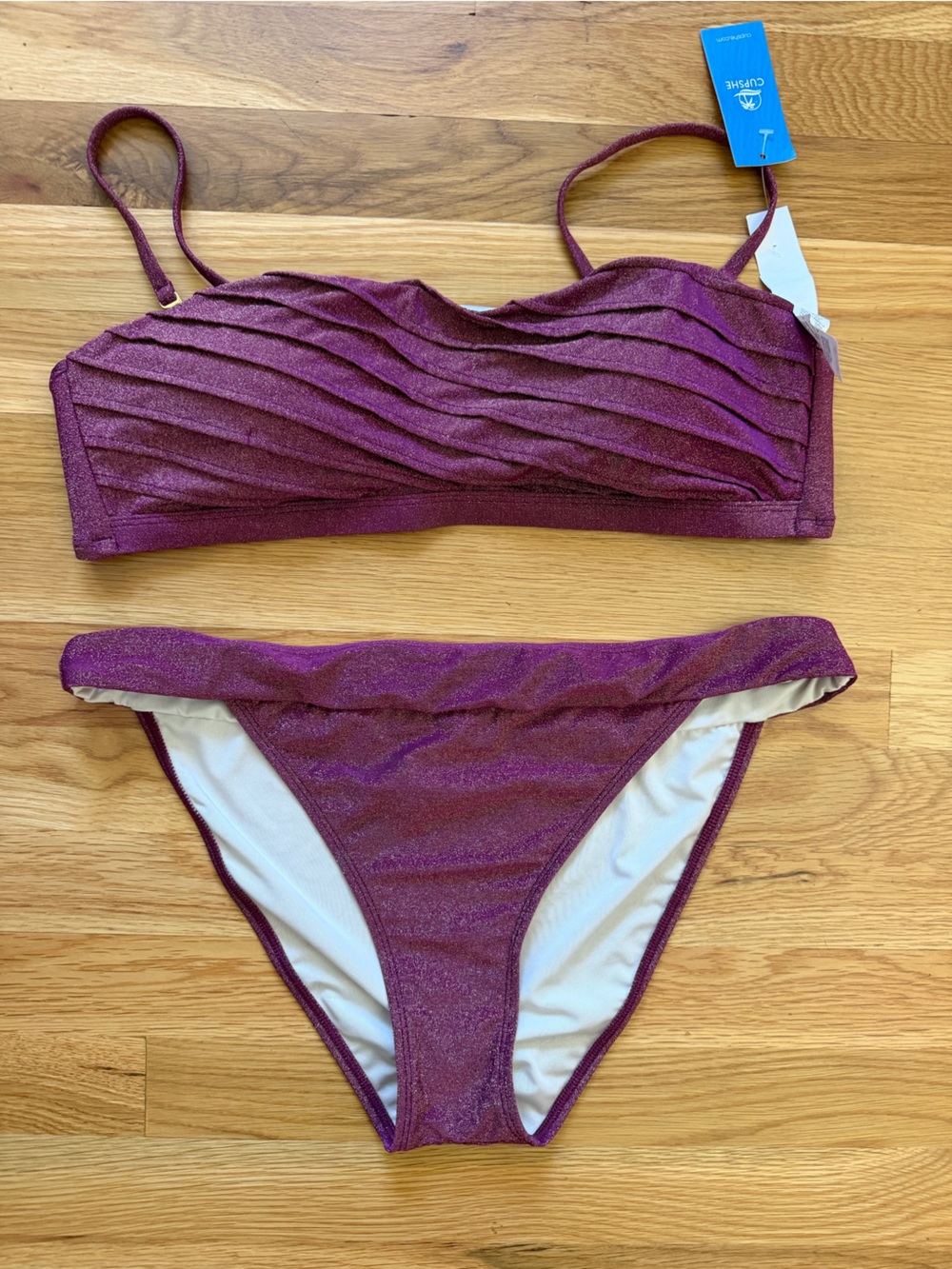 CUPSHE Metallic Plum Bikini Set Bandeau Top & Bottoms XL NWT